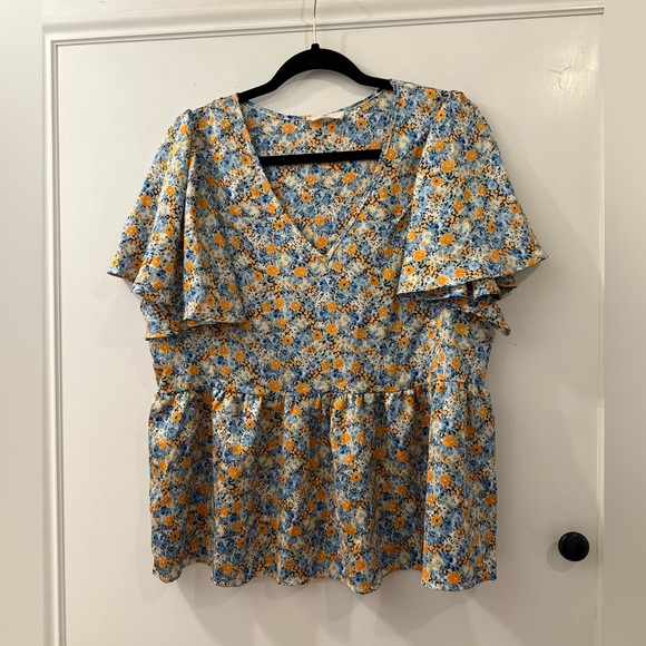 entro Tops - Entro Floral Blouse with Blue and Yellow Accents